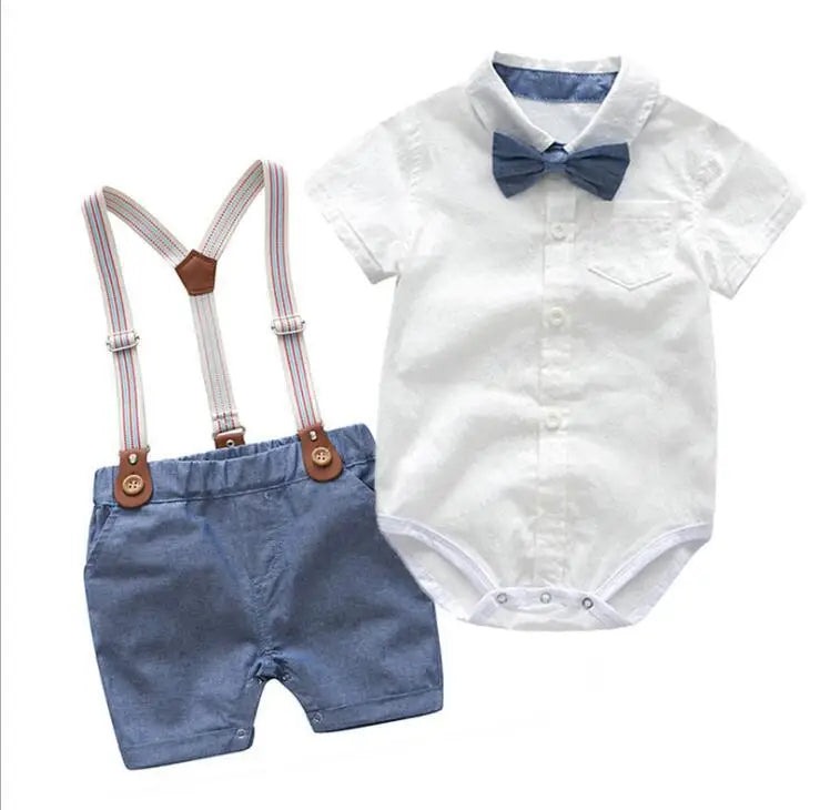 Fashion Baby Clothes Boy White Romper + Suspender Pants