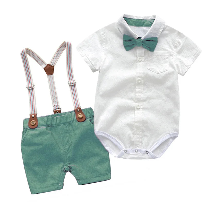 Fashion Baby Clothes Boy White Romper + Suspender Pants