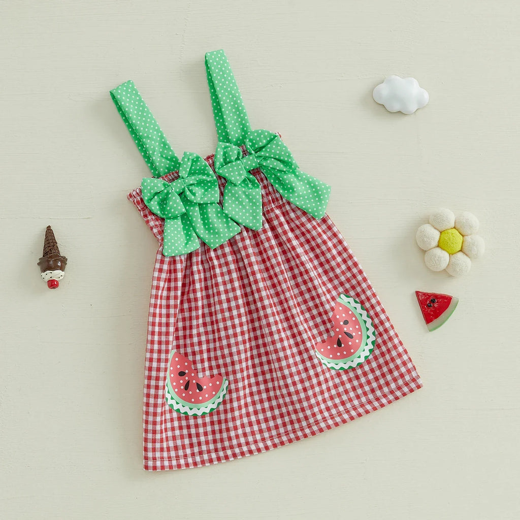 Girl Slip Dress Sweet Bows Watermelon Print Plaid Infant Sundress