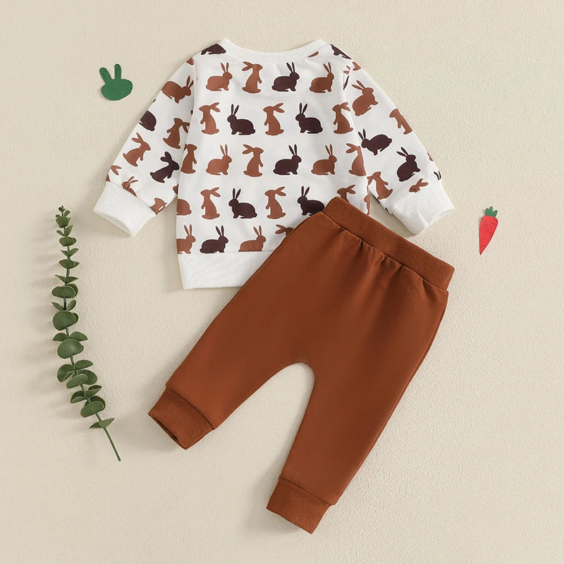 Easter Outfit, Long Sleeve Crew Neck Letters Print Sweatshirt with Elastic Waist Sweatpants