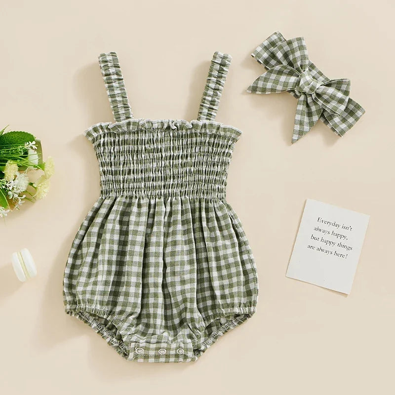 Girl Summer Fashion Bodysuit Sleeveless Plaid Solid Floral Printed Jumpsuit