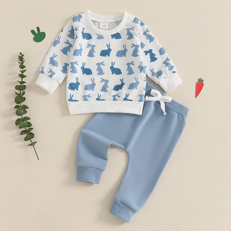 Easter Outfit, Long Sleeve Crew Neck Letters Print Sweatshirt with Elastic Waist Sweatpants