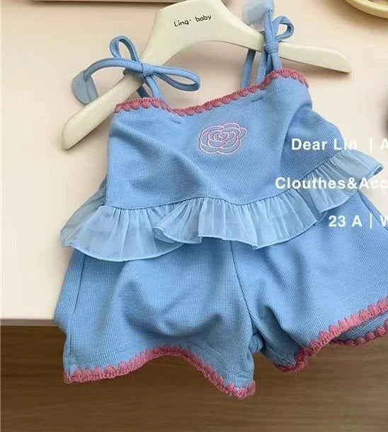 Embroidered Flower. Princess Sling + Shorts 2-piece Outfit Set