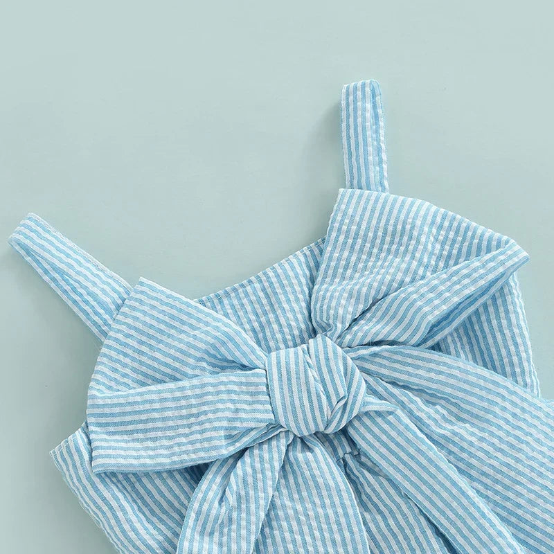 Girl 2Pcs Sweet Clothing Set Striped Print Big Bow Embellished Vest