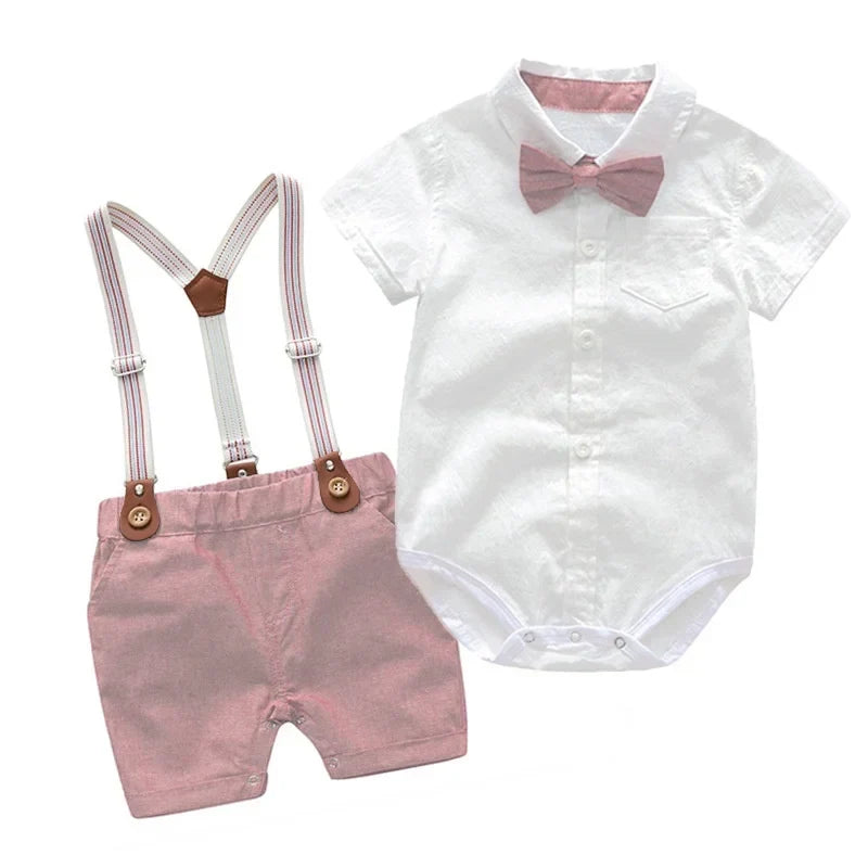 Fashion Baby Clothes Boy White Romper + Suspender Pants