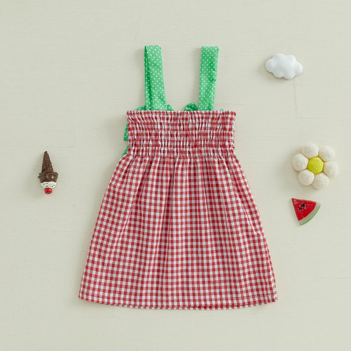 Girl Slip Dress Sweet Bows Watermelon Print Plaid Infant Sundress