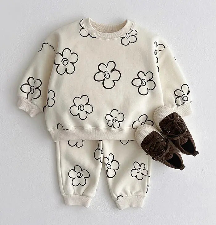 Flower Fleece Sweatshirt+Pants 2pcs Tracksuit