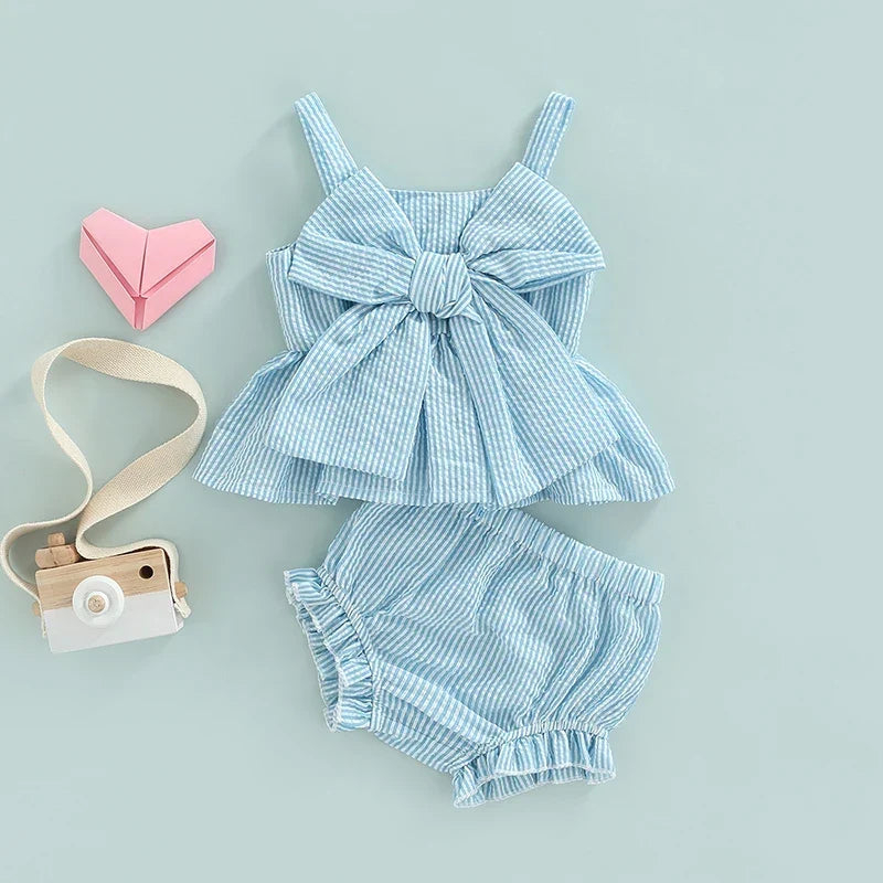 Girl 2Pcs Sweet Clothing Set Striped Print Big Bow Embellished Vest