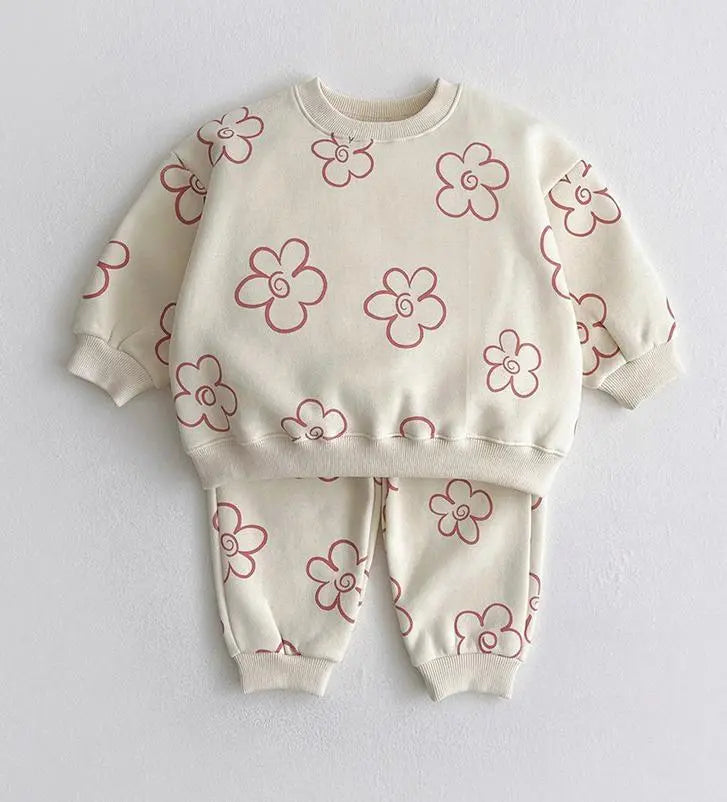 Flower Fleece Sweatshirt+Pants 2pcs Tracksuit