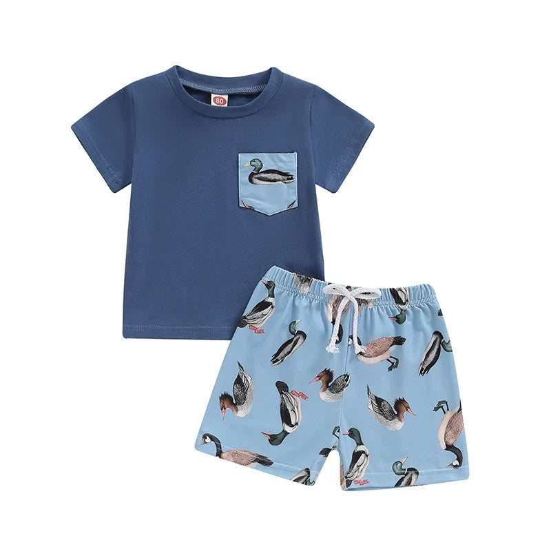 Duck Print Short Sleeve T-Shirt Elastic Waist Shorts Set
