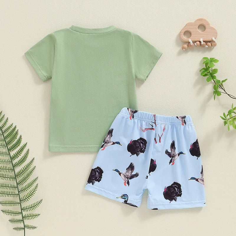 Duck Print Short Sleeve T-Shirt Elastic Waist Shorts Set