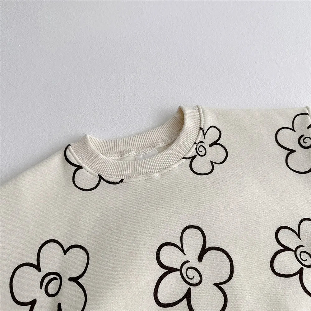 Flower Fleece Sweatshirt+Pants 2pcs Tracksuit