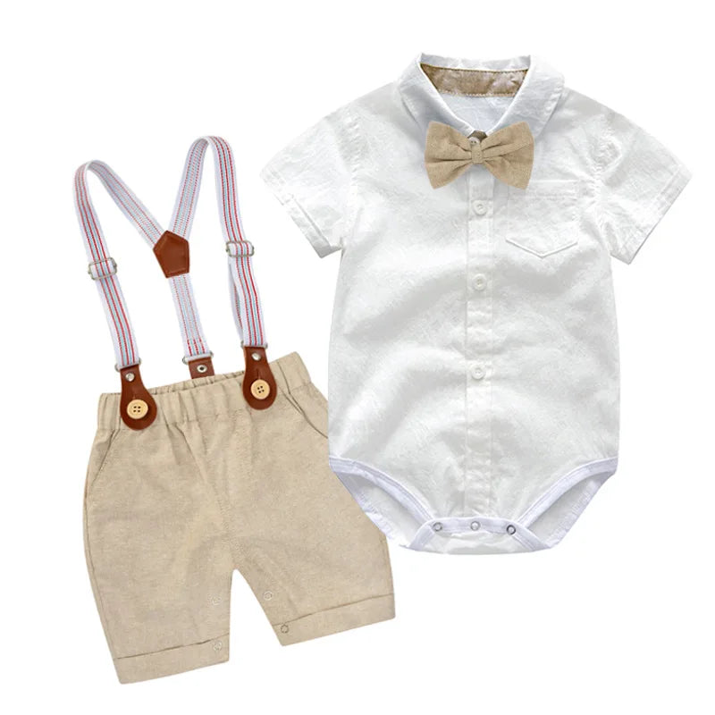 Fashion Baby Clothes Boy White Romper + Suspender Pants