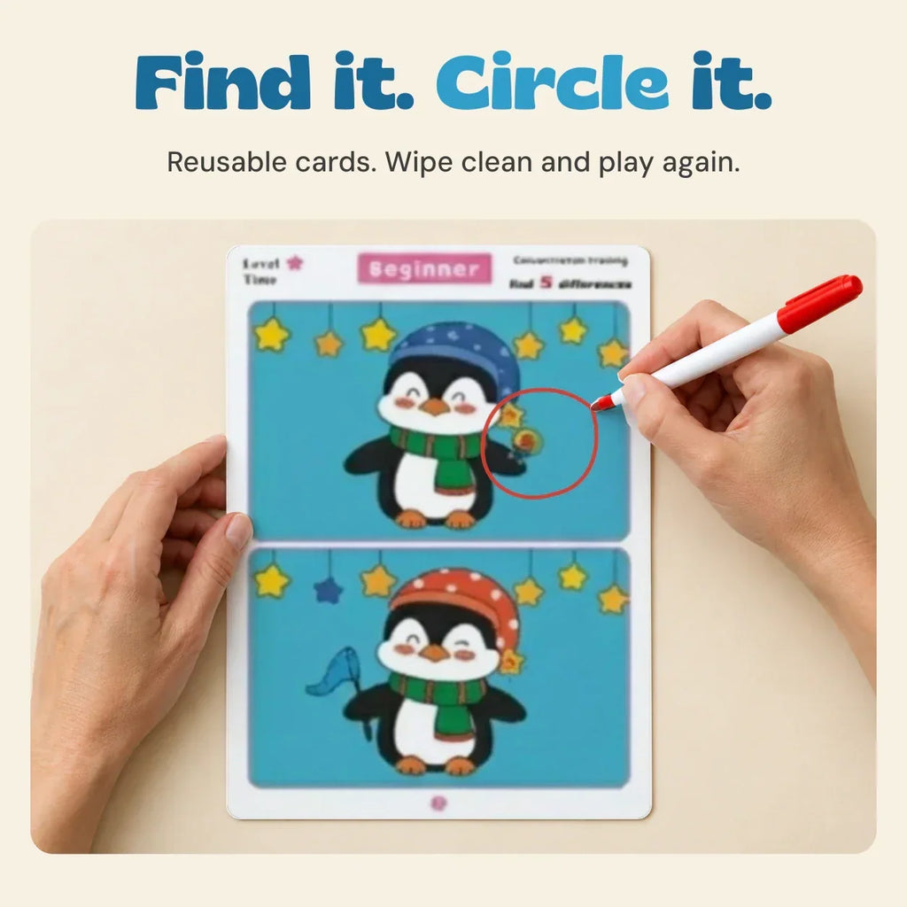 TibaToes™ Find the Difference Cards: Reusable Concentration Training Game for Toddlers & Kids (3 Levels)