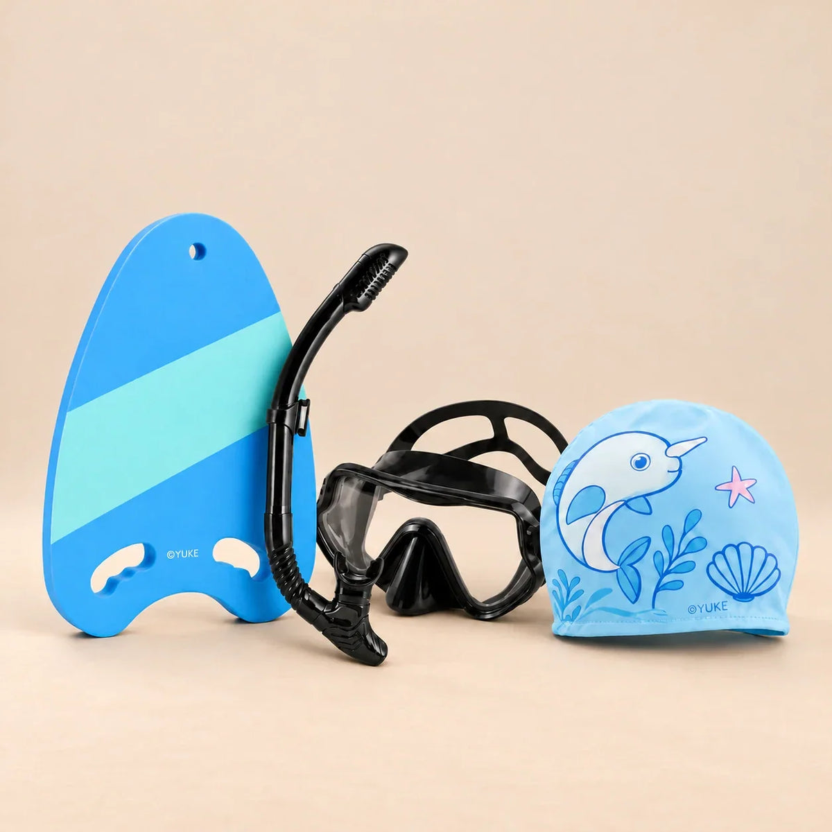 The Learn-to-Swim Starter Kit (1x TibaToes™ Kids Swim Board + 1x TibaToes™ Junior Explorer Snorkel Set + 1x TibaToes™ Kids Swim Cap)