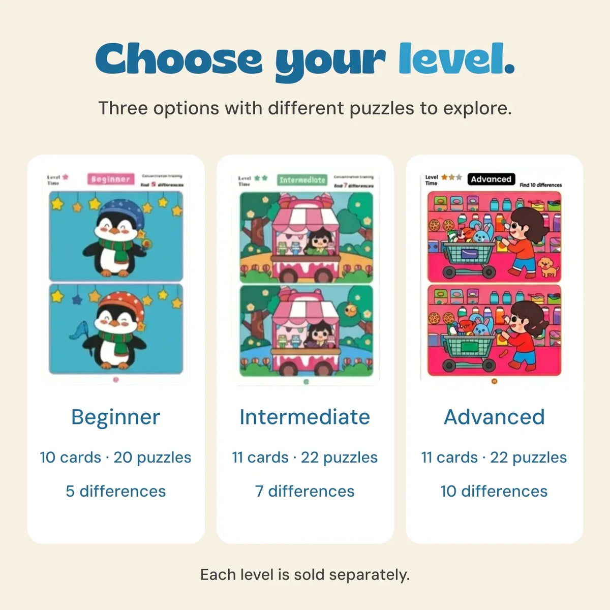 TibaToes™ Find the Difference Cards: Reusable Concentration Training Game for Toddlers & Kids (3 Levels)